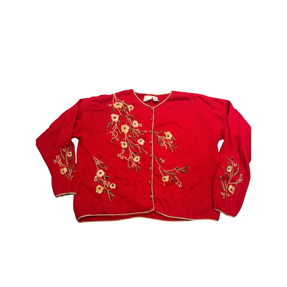VTG Carolina‎ Colours Sweater Women's XL Red Floral Beaded Embellished Cardigan